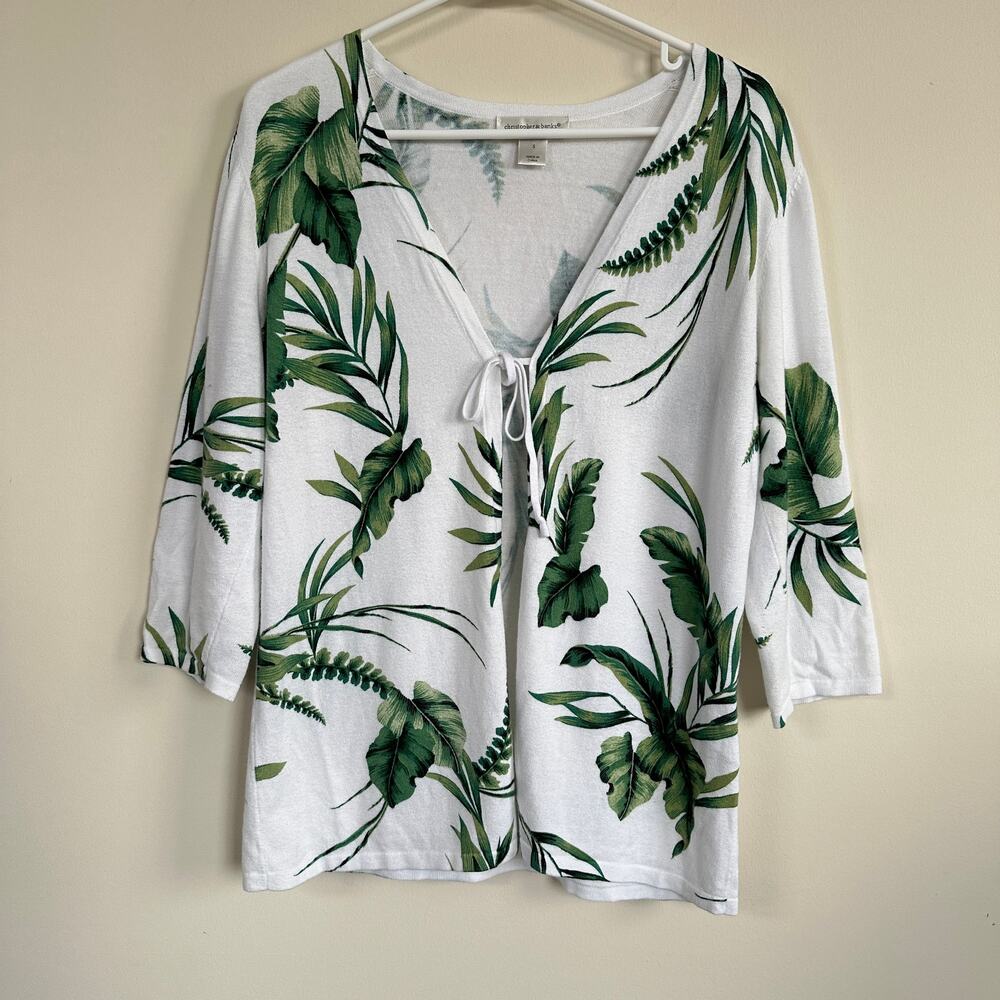 Christopher & Banks Cardigan Sweater Tropical Leaves 3/4 Sleeve Tie Front White